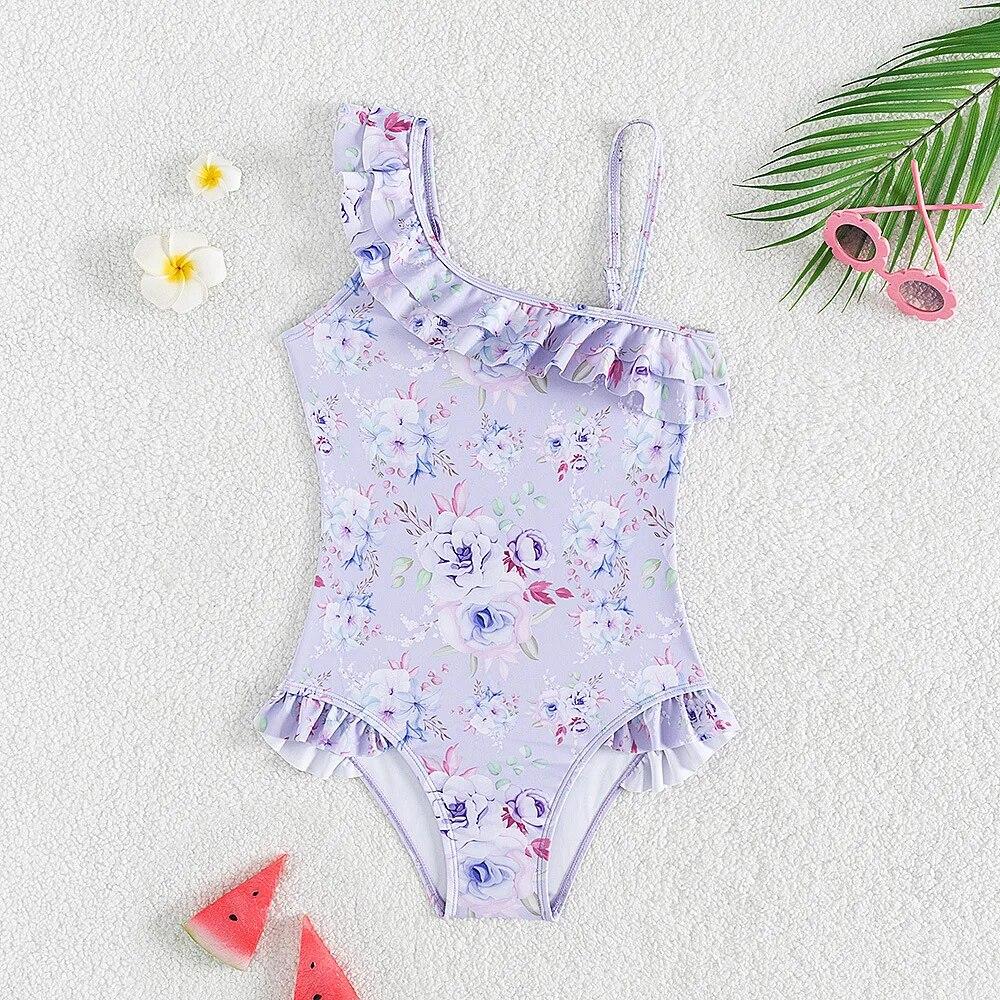 Fox Swimwear 5-14Years Teen Girls One-piece Swimwear Floral Print Ruffles Fly Sleeve Bathing Suits Summer Girls Purple Beach Wear