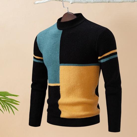 Jiawei Fall Winter Men Sweater Colorblock Knitted Thick Slim Fit Warm Half-high Collar Long Sleeve Soft Pullover Elastic Mid Length Men Sweater