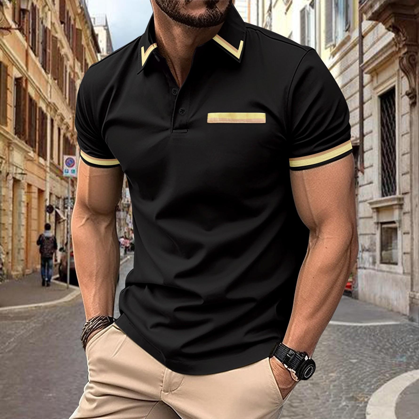 Fashion human Men's Casual Polo Shirt Chest Pocket Fashion Matching Colour Lapel Peplum T-Shirt Black Top
