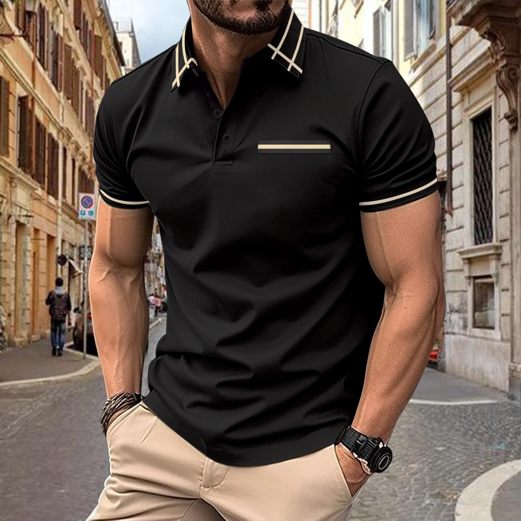 Fashion human Nieuw casual zwart poloshirt voor heren, borstzakknopen, veelzijdige T-shirttopjes