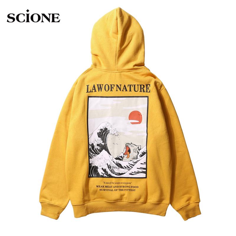 XA SCIONE VANCHIC CLOTHING Scione Japanese Funny Cat Wave Printed Fleece Hoodies Japan Style Hip Hop Casual Sweatshirts Streetwear