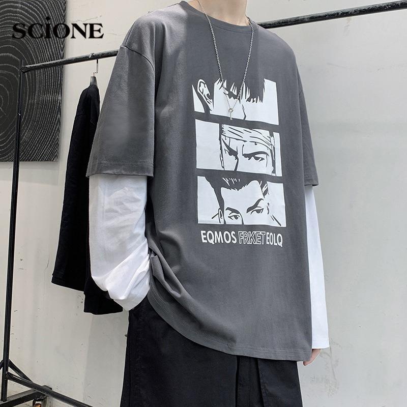 SCIONE Fake Two Hoodies Loose Long-sleeved T-shirts Men's Stitching Round Neck Anime Print Shirt Men's Clothes