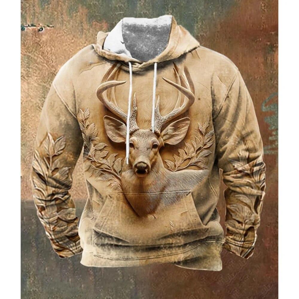 ETST 07 Vintage hoodie voor heren, 3D-hertenjacht, grafisch sweatshirt met capuchon voor mannen, winteruitloper, tops, oversized, dagelijks, casual, Steetwear