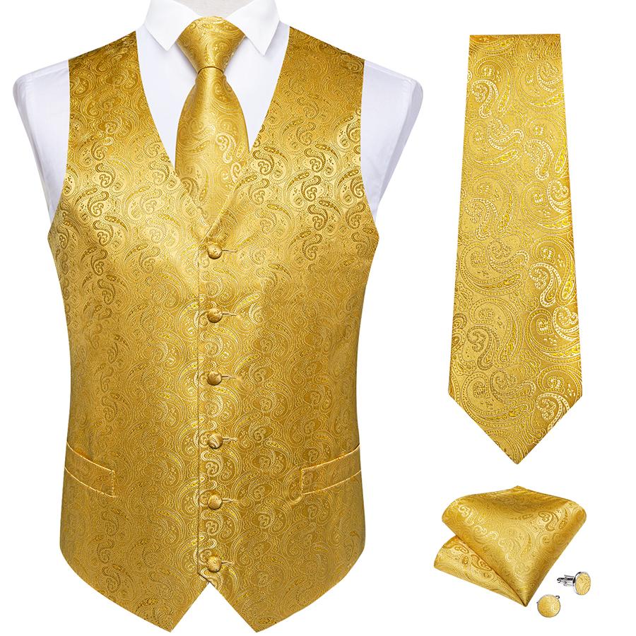 DiBanGu Mens Trendy Heren formeel bruiloftsvest Paisley goud gebloemd pakvest Slanke smoking zijden stropdasset