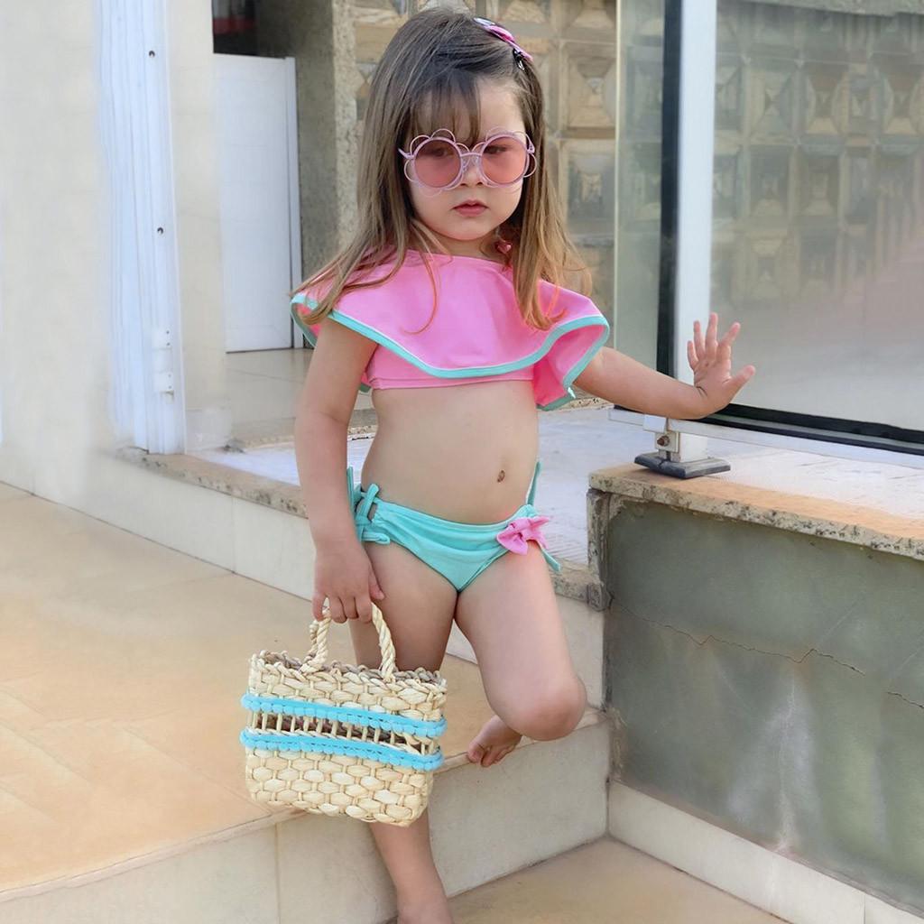 Lead72er (ZO)Zomer kinderen babymeisjes ruches tweedelige effen badmode badpak bikini-outfits
