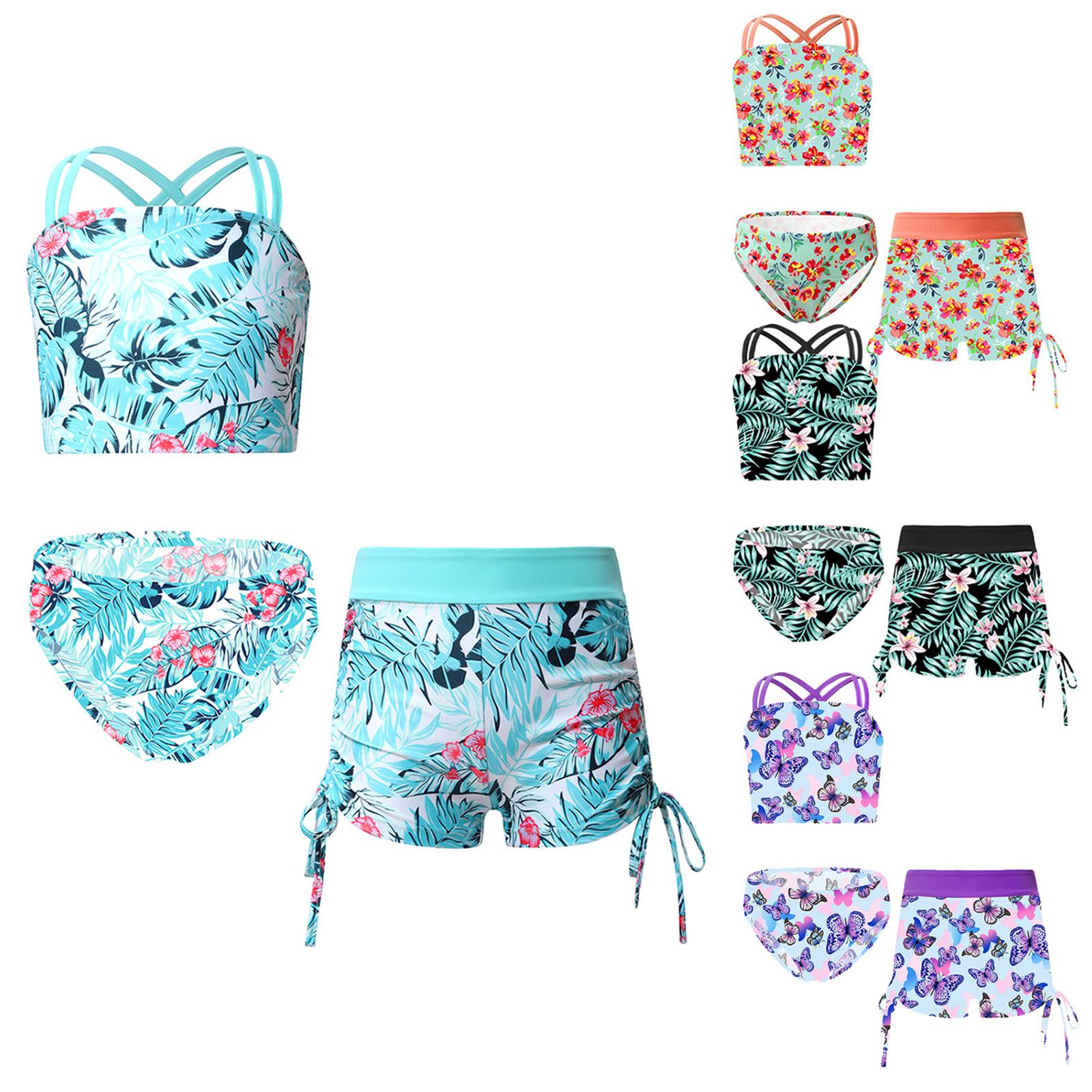 Sywiyi Kids Girls 3PCS Floral Print Tank Vest Tops with Bikini Briefs and Shorts Summer Swimwear Swimsuits Traje de Baño