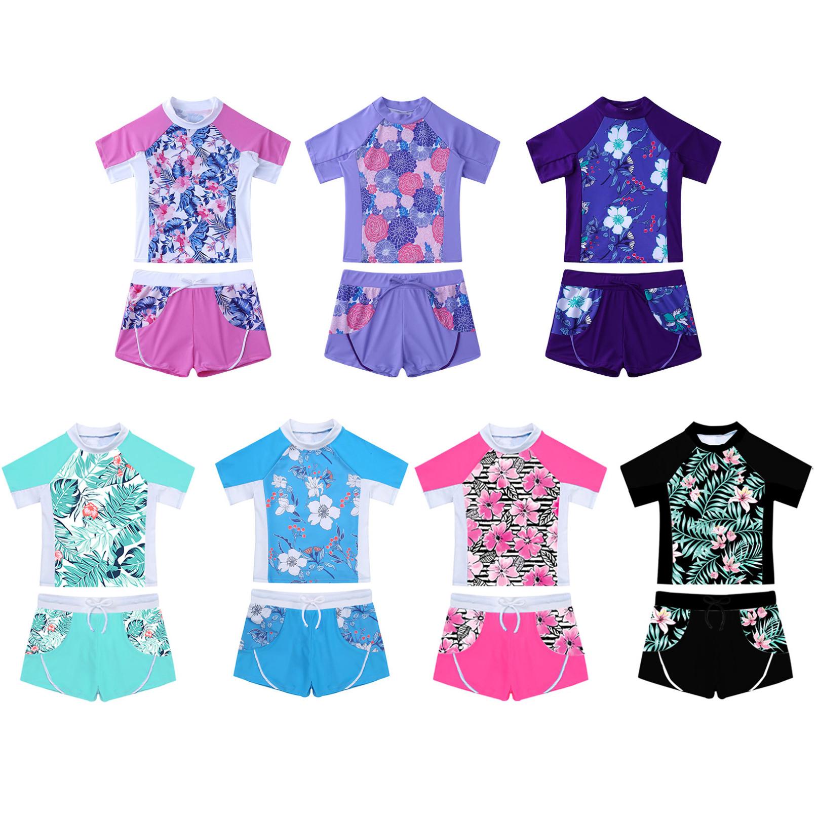 Yeahdor 2Pcs Kids Girls Swimming Suit Round Neck Short Sleeves Floral Print Top Drawstring Boyshorts Beach Swimwear Bathing Suits