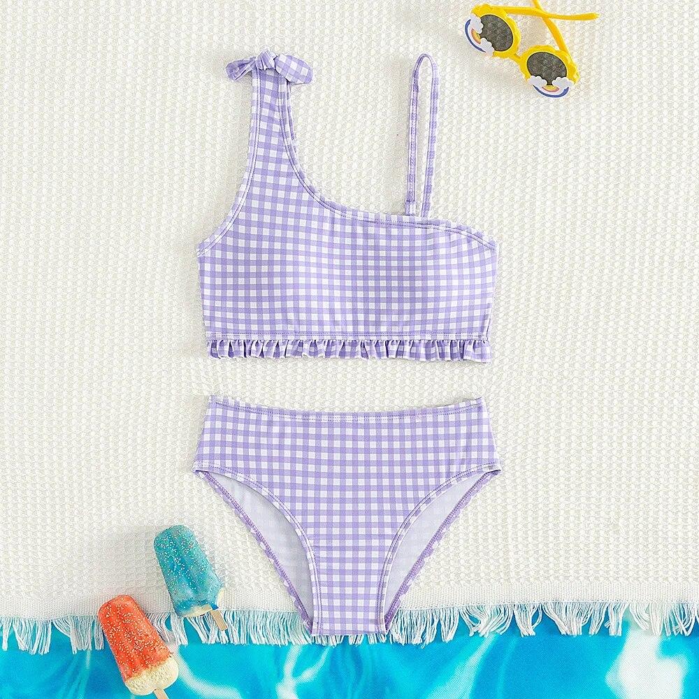 Fox Swimwear Nieuwe zomer kinderen split badpak voor meisjes bikini sets 5-14 jaar hoge taille paars geruite meisje badmode badpak