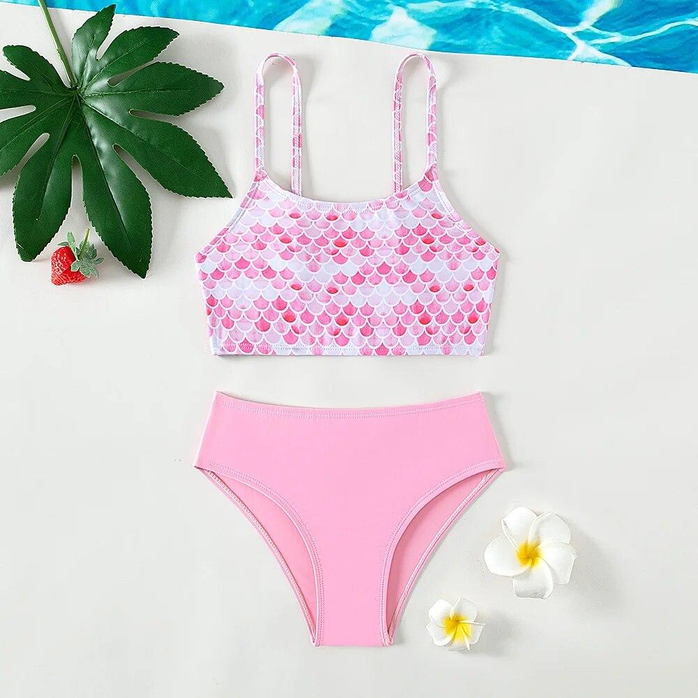 Fox Swimwear Princess Pink Mermaid Girls Two Piece Swimwears 5-15 Years Swimming Suit for Teenage Girls Split Strap Swimsuit