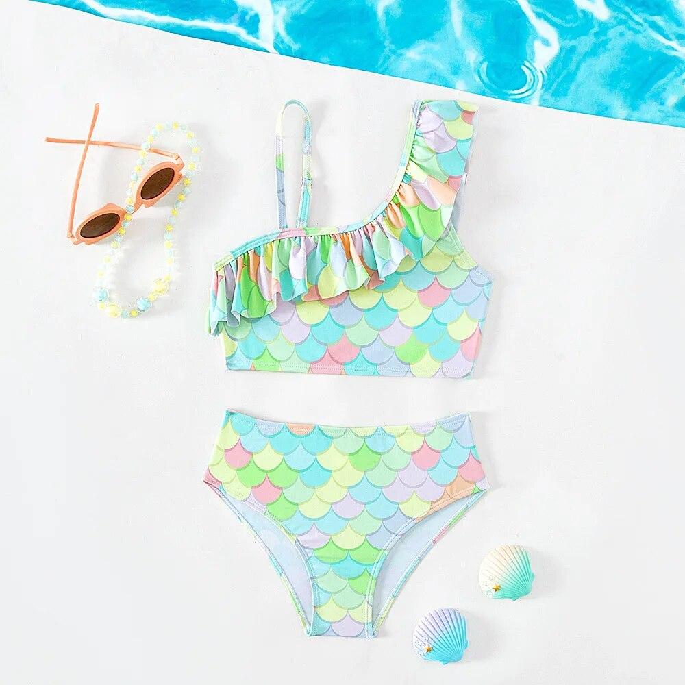 Fox Swimwear Girls Oblique Shoulder Fish Scale Baby Kids Swimsuit Bathing Suits for Children Two Pieces Swimwear Beach Bikini Sets