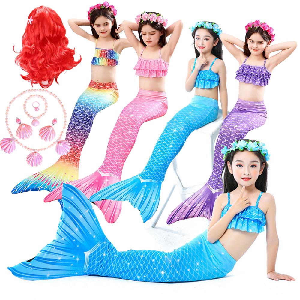 Haicospl Girls Cosplay Mermaid Tail Mermaids Bikini Wig +Faux Pearl Accessories Swim Set Costume Childrens Swimsuit Kids Clothes for Party Dress Beach