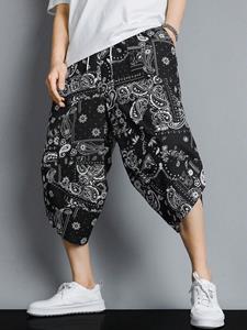 ChArmkpR Mens Ethnic Pattern Side Pockets Drawstring Waist Cropped Pants