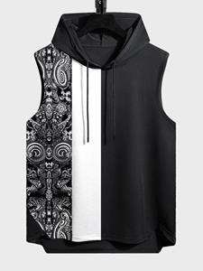 Mens Patchwork Ethnic Pattern Sleeveless Hooded Tanks