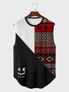 Mens Patchwork Ethnic Geometric Pattern Curved Hem Tanks