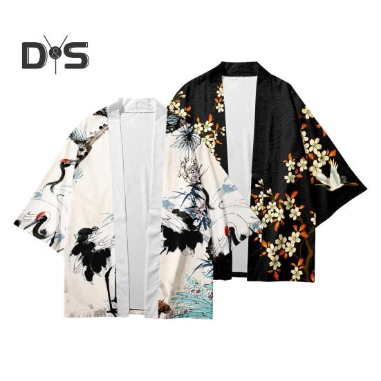DYS Men Clothing Men Shirt Japanese Style Traditional Kimono Three Quarter Sleeve Cardigan Bird Print Loose Thin Mid Length Daily Top Coat