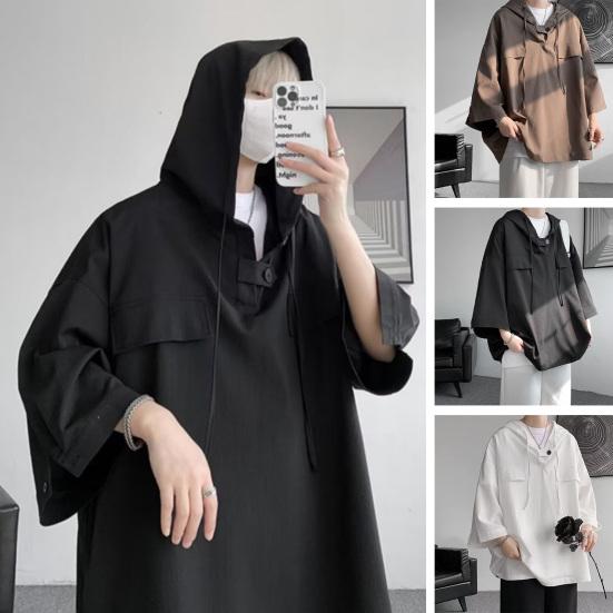 Selling Clothing Spring Summer Men Top Chest Pockets Oversized Hip Hop Solid Color Hooded Three Quarter Sleeves Thin Drawstring Soft Breathable Streetwear Shirt Hoodie