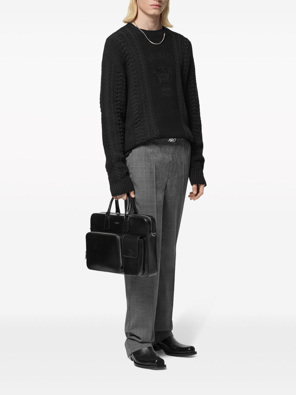 Versace Kabelgebreide trui met geborduurd logo - Zwart