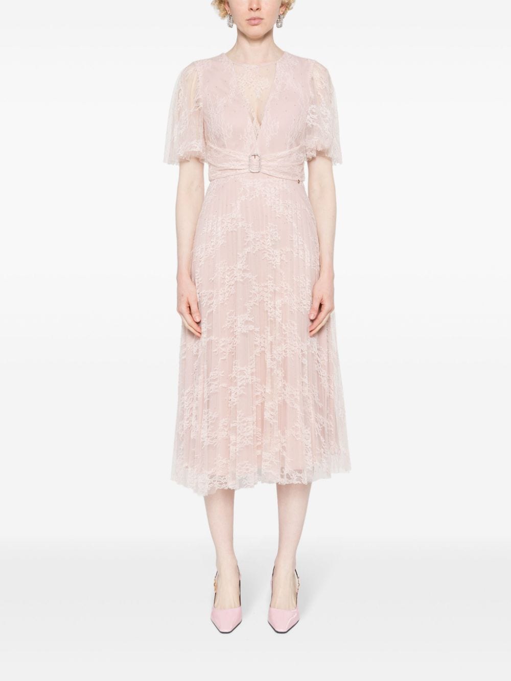 NISSA lace-overlay pleated dress - Roze