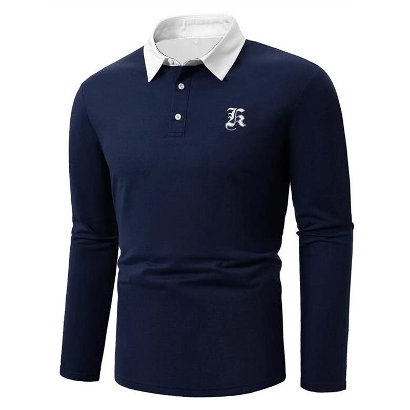 Haodingfushi Men Business Casual Fashion Long Sleeve Print Slim Fit Polo Shirt , Men Lapel Golf Polo Shirt .
