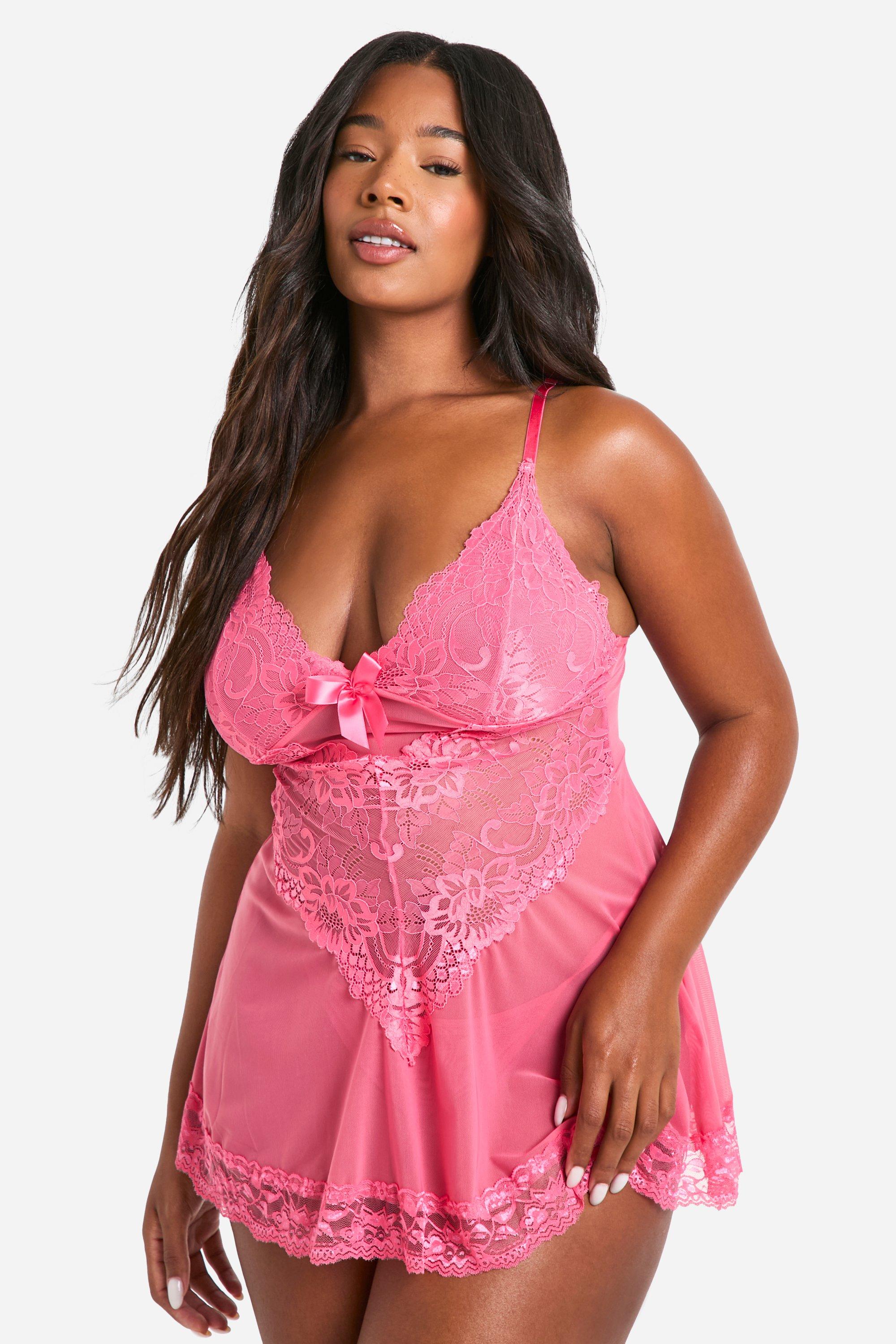Boohoo Plus Strappy Lace & Mesh Babydoll, Pink