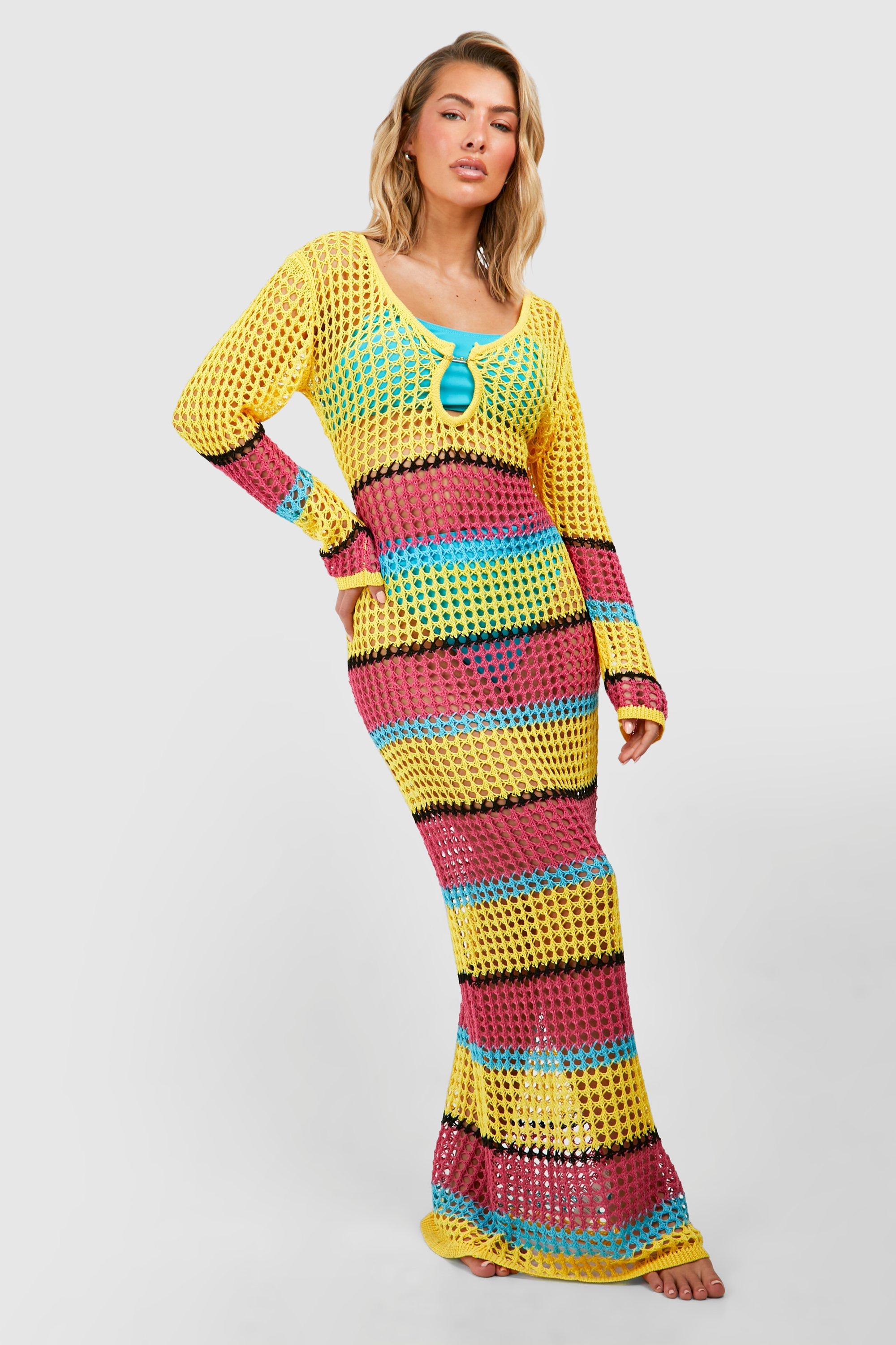 Boohoo Colour Block Stripe Crochet Maxi Beach Dress, White