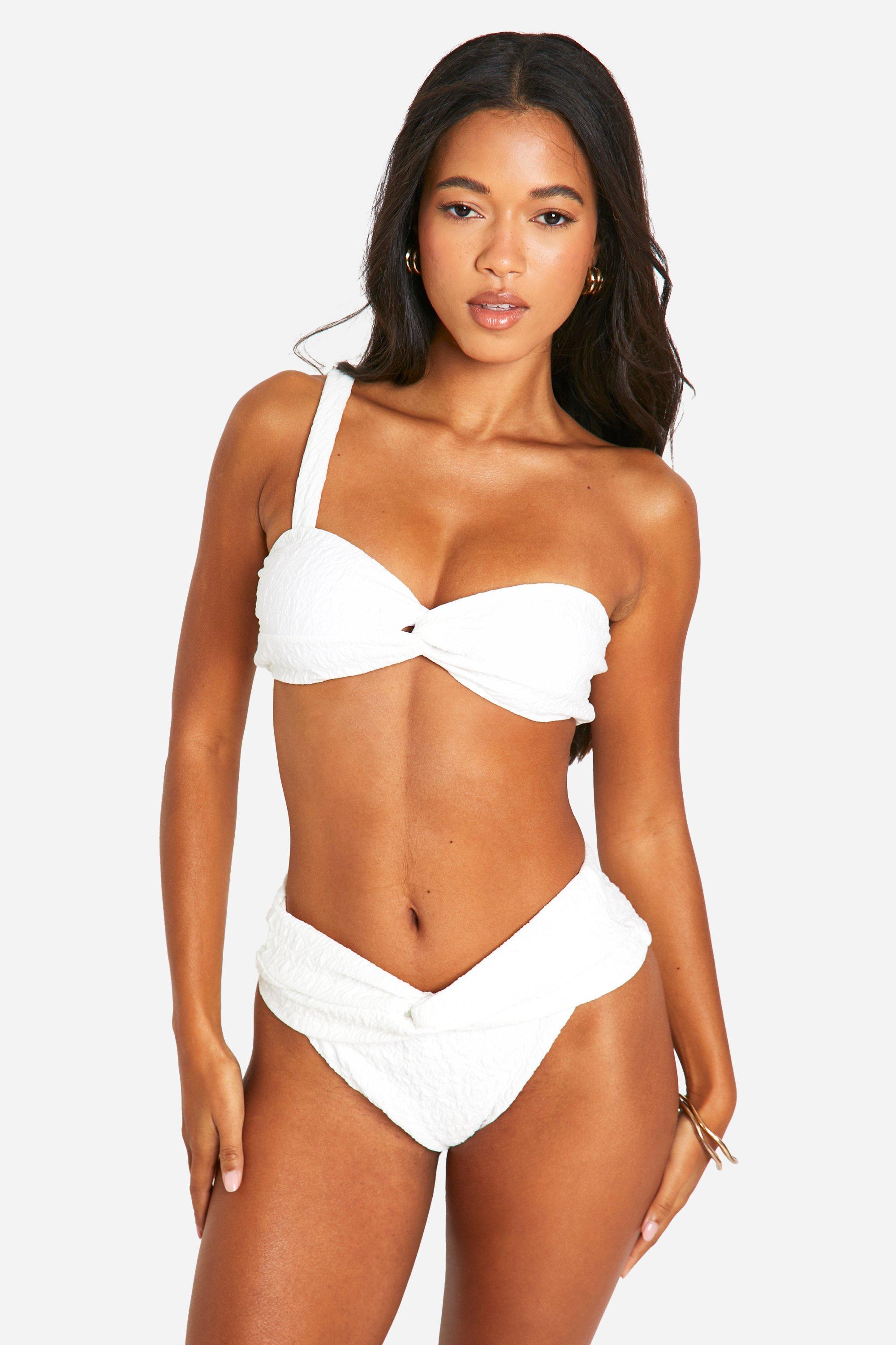 Boohoo Twist Detail One Shoulder Textured Bikini Set, Cream