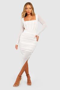 Boohoo Mesh Maxi Jurk Met Korset Detail En Ruches, White