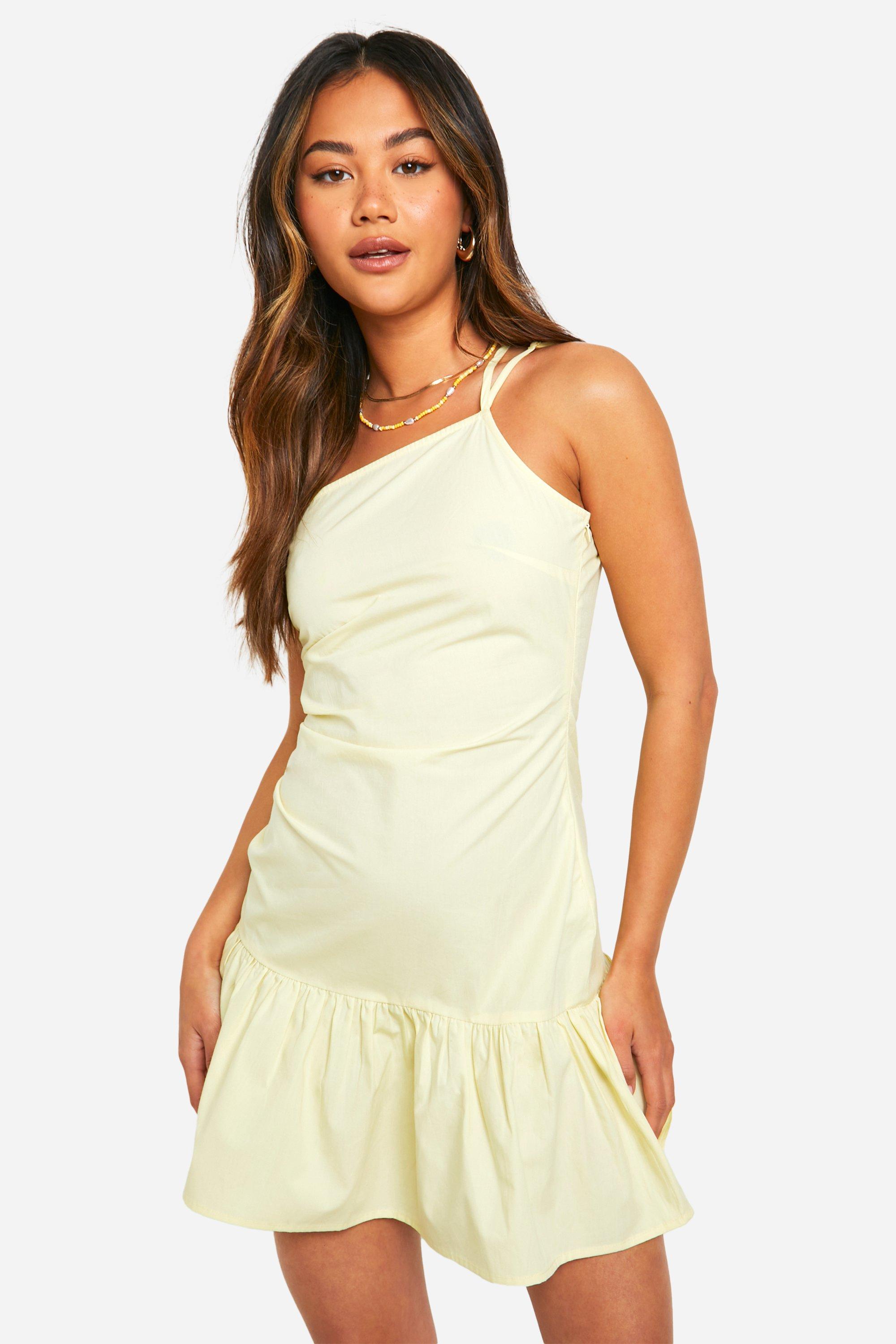 Boohoo Linen Look Ruched Mini Dress, Lemon