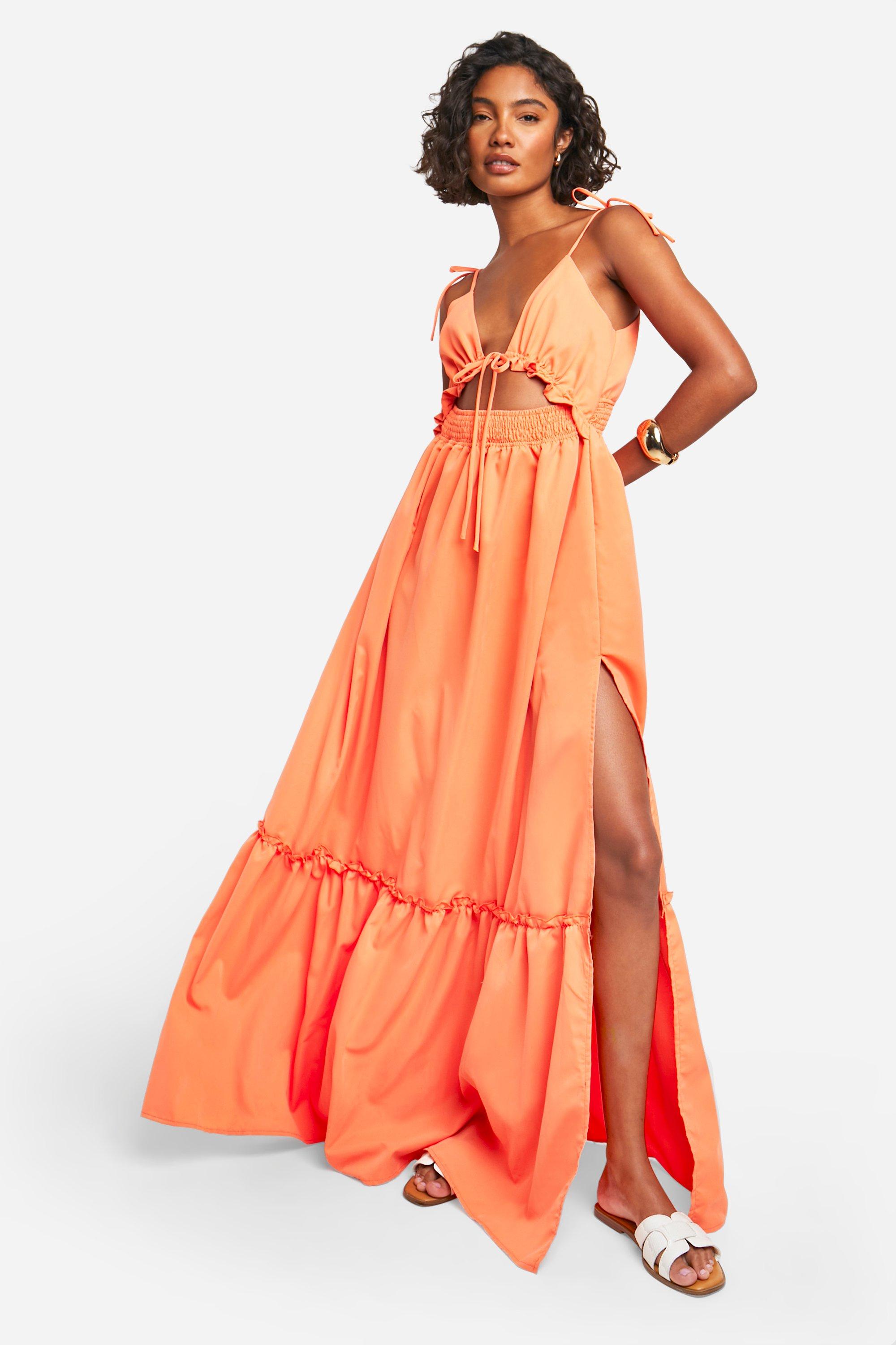 Boohoo Tall Woven V Neck Strappy Tiered Maxi Dress, Orange