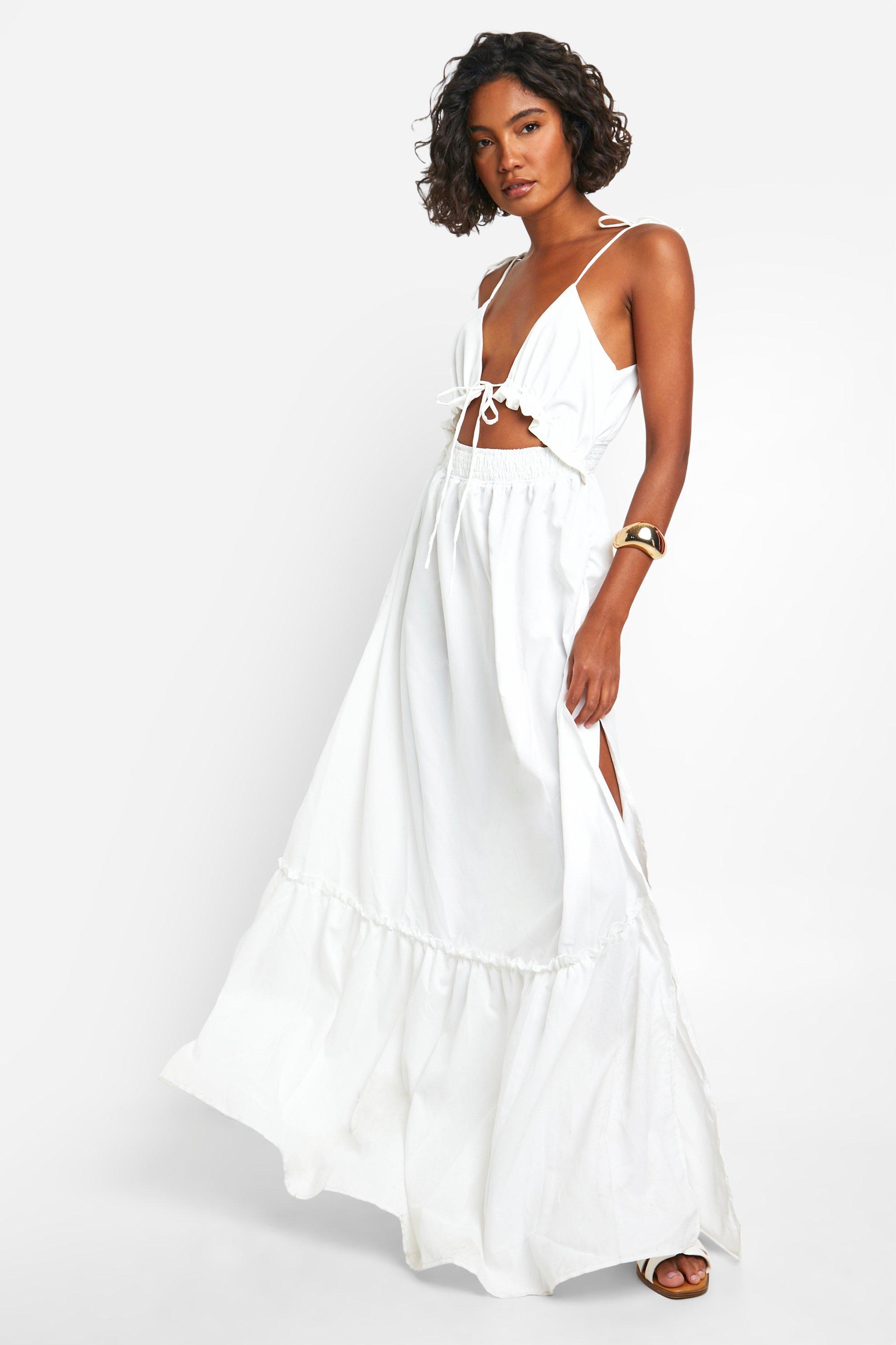 Boohoo Tall Woven V Neck Strappy Tiered Maxi Dress, White