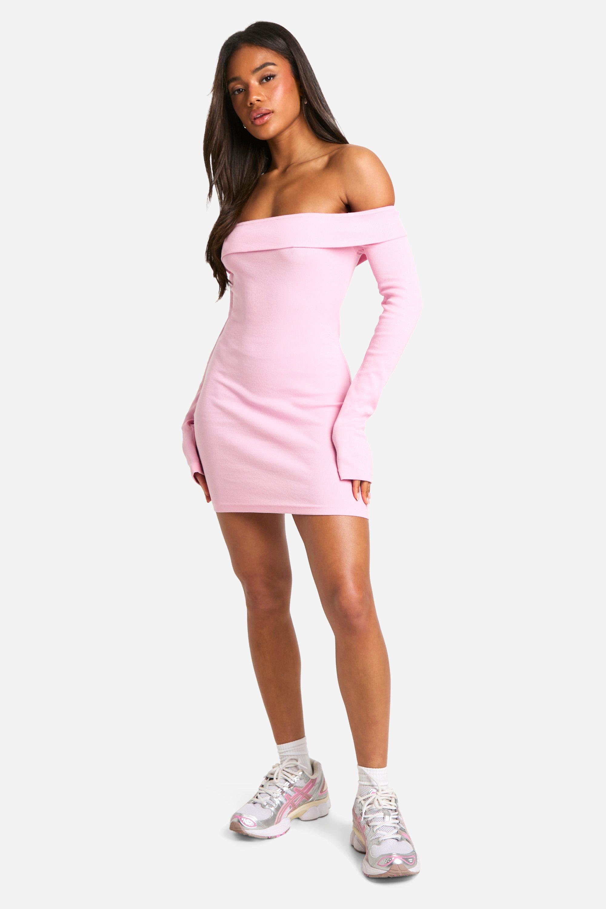 Boohoo Basic Rib Bardot Mini Dress, Pink