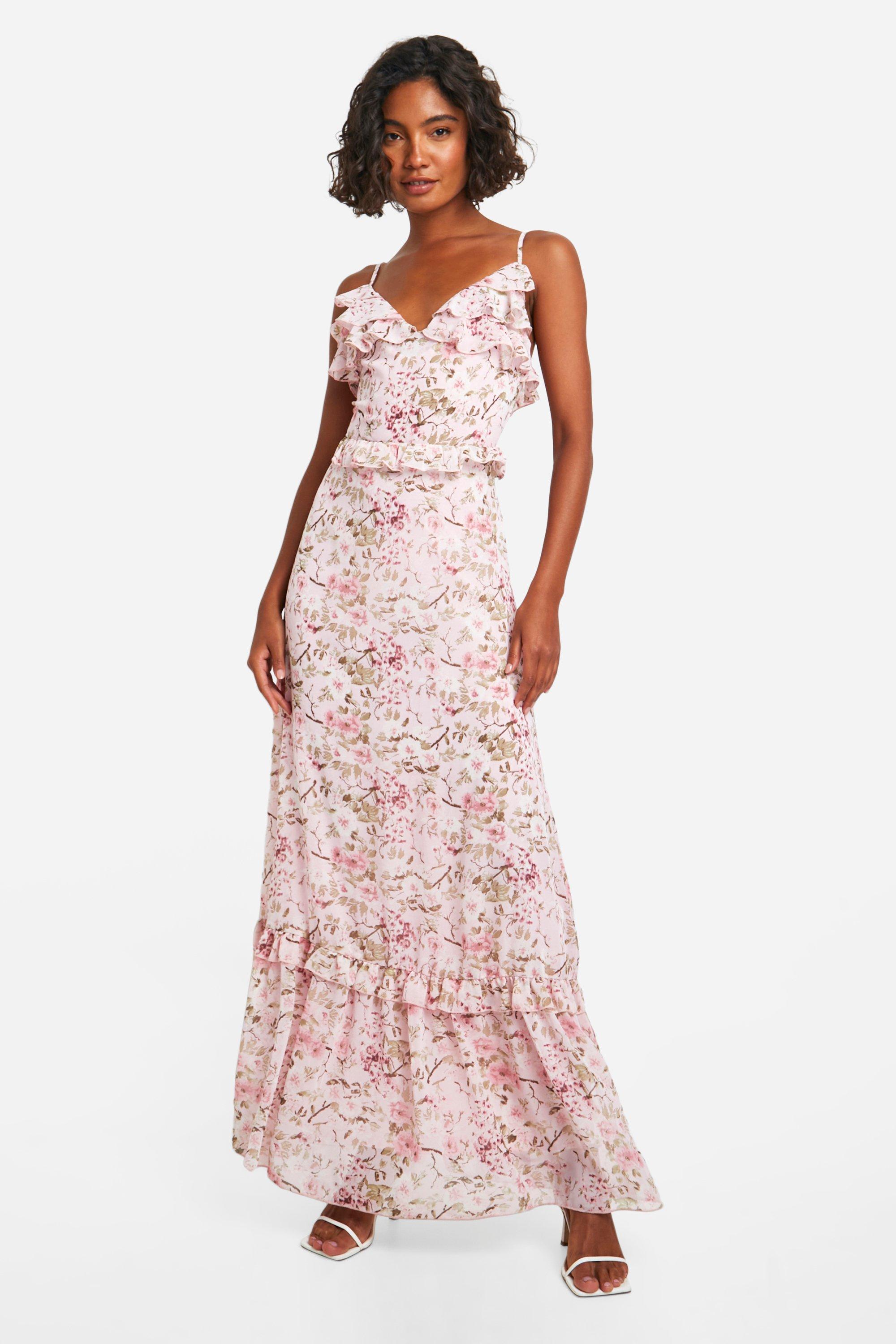 Boohoo Tall Woven Floral Ruffle Maxi Dress, Pink