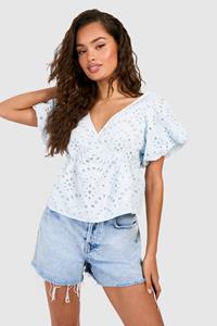 Boohoo Embroidery Frill Shoulder Top, Blue