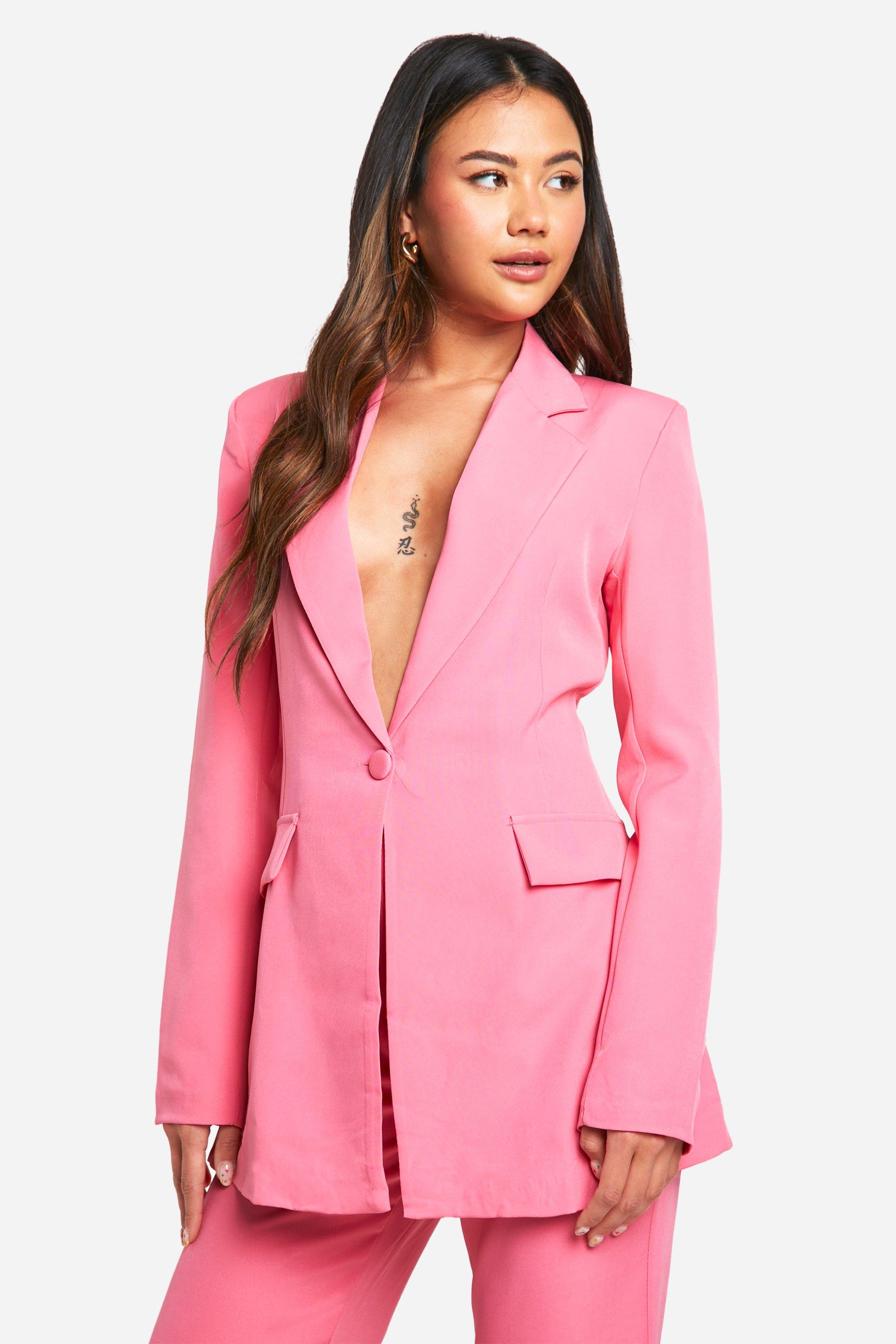 Boohoo Plunge Front Single Button Fitted Blazer, Bright Pink
