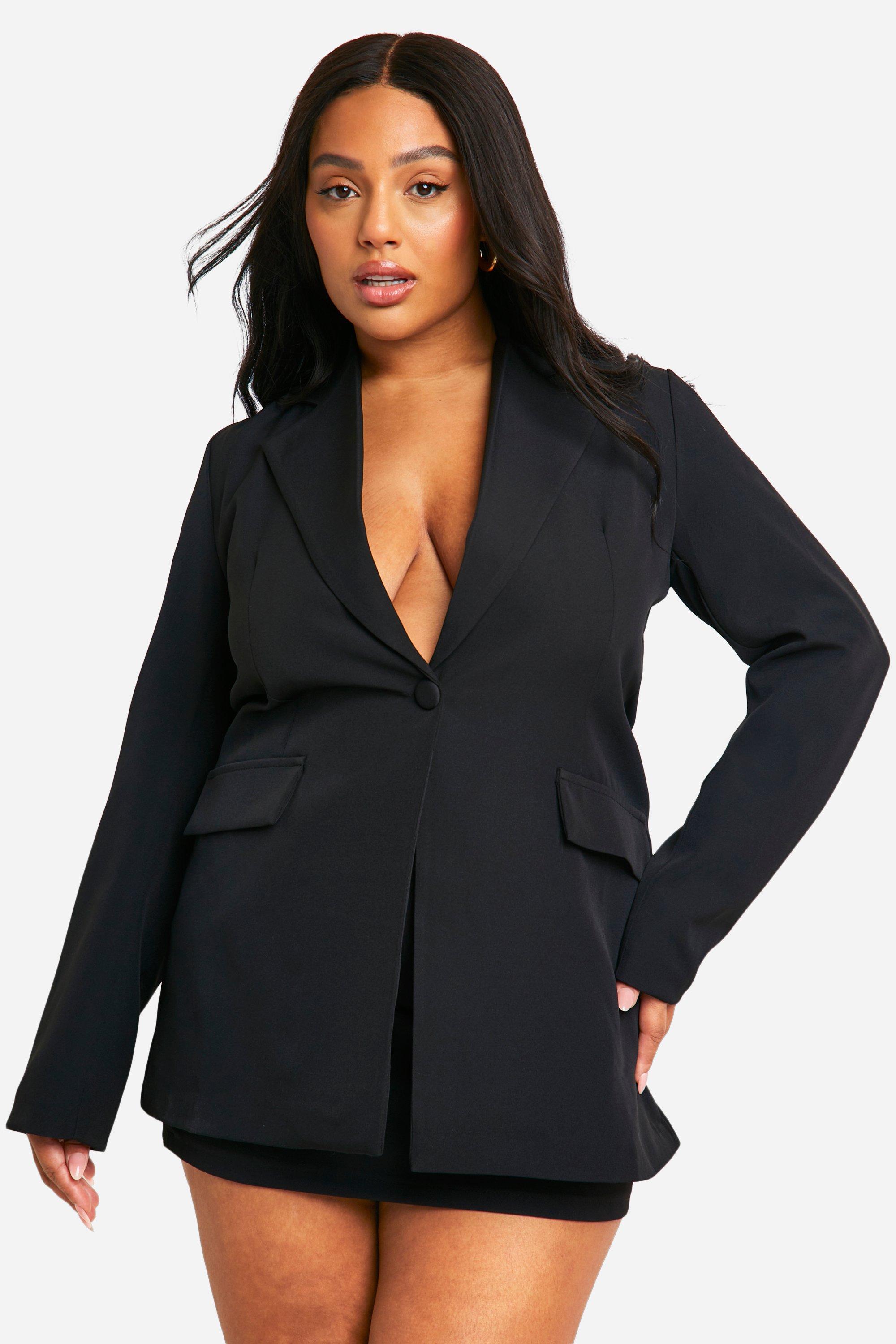 Boohoo Plus Plunge Front Single Button Fitted Blazer, Black