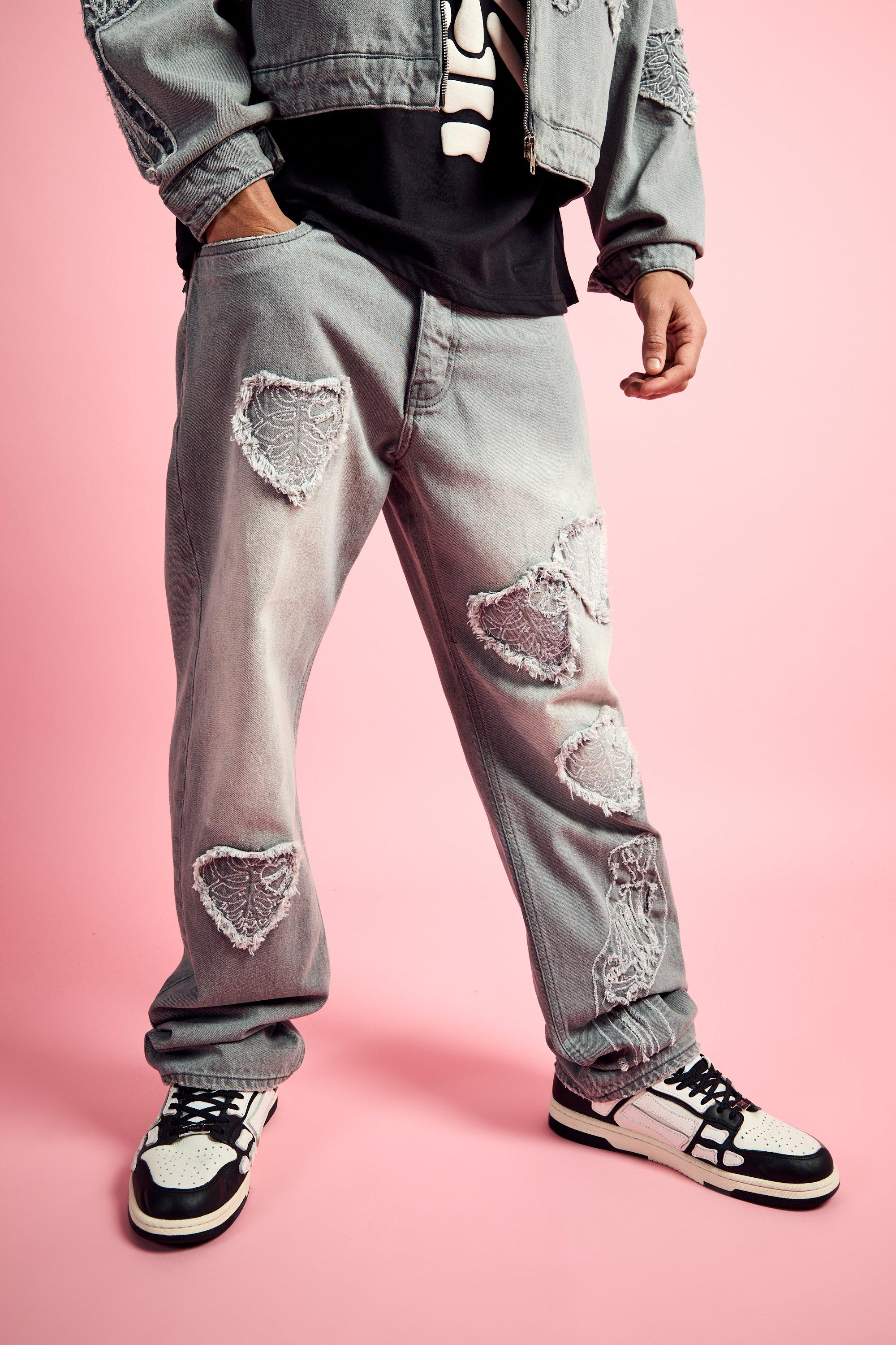 Boohoo Onbewerkte Baggy Jeans Met Hartjes In Lichtgrijs, Light Grey