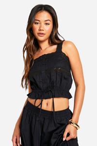 Boohoo Cotton Lace Detail Strappy Crop Top, Black