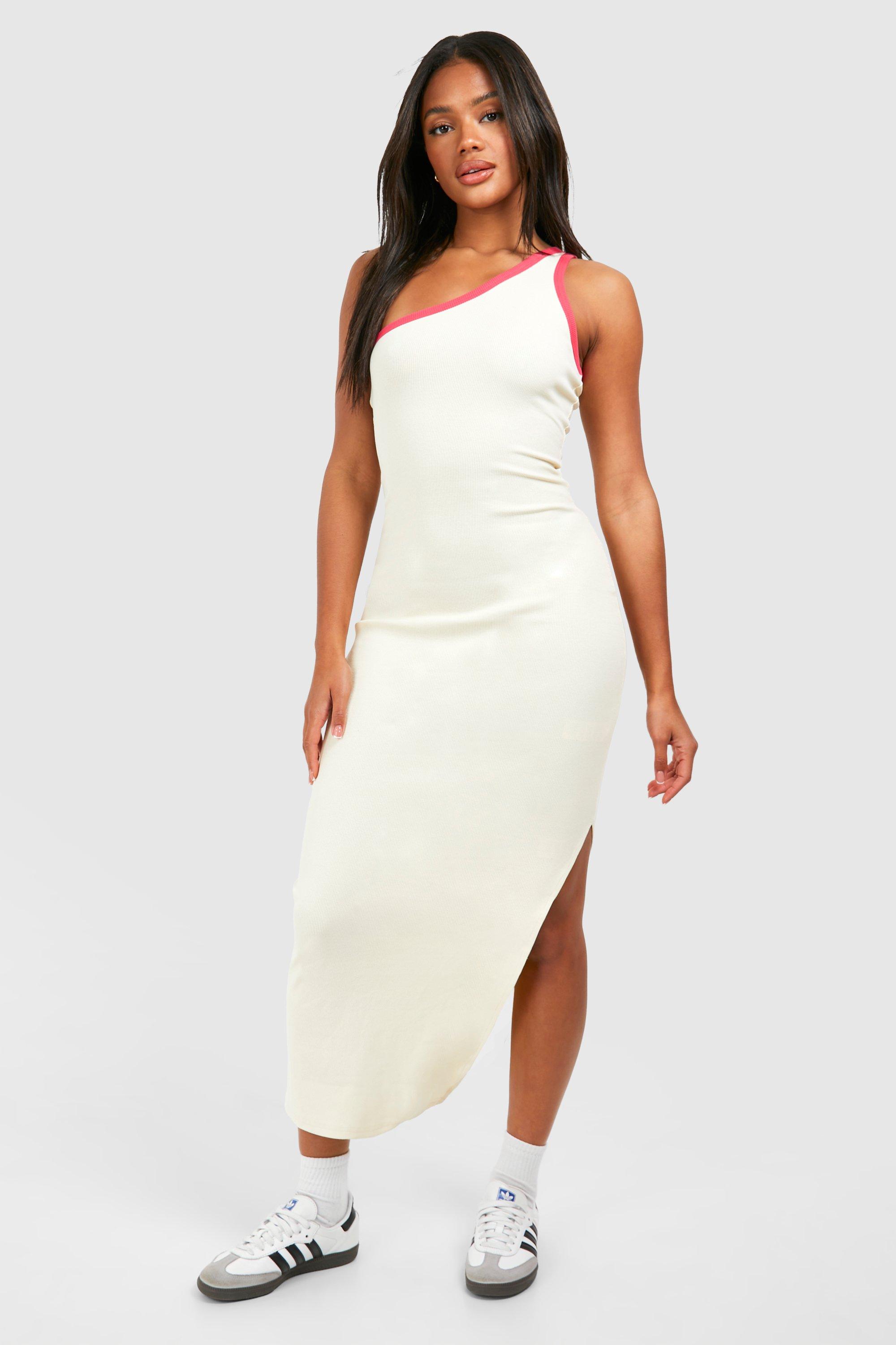 Boohoo Premium Contrast Rib One Shoulder Midaxi Dress, Cream