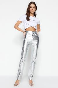 Trendyol Women's Jeans Fashion New Season Silver Shiny Metallic Printed High Waist Straight Jeans