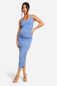 Boohoo Maternity Twist Strap Ruched Midi Dress, Blue