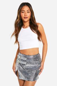 Boohoo Heavy Sequin Buckle Micro Mini Skirt, Silver
