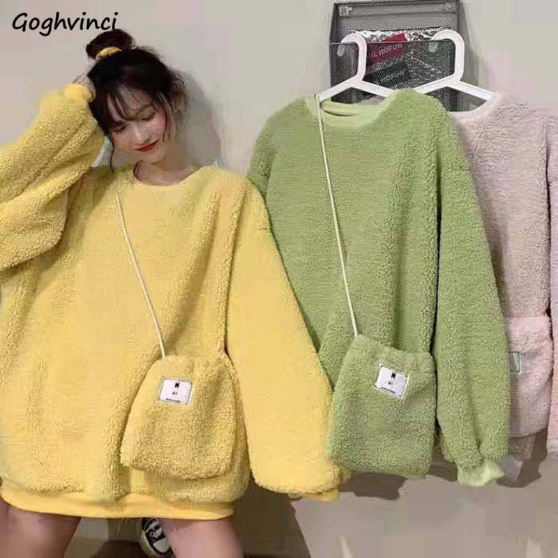 ProductsPro Vrouwen Geen Hoed Hoodies Trui O-hals Vrouwelijke Sweatshirts Solid Simple Faux Lamswol Dikkere Zachte Snoep Kleur Zoete Ulzzang Chic