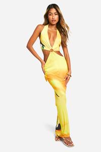 Boohoo Gold Trim Printed Plunge Cut Out Slinky Maxi Dress, Yellow
