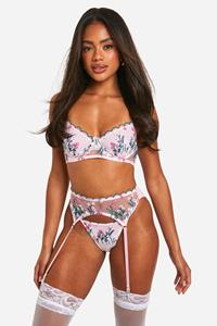 Boohoo Floral Embroidered Bra, Thong And Suspender Set, Nude