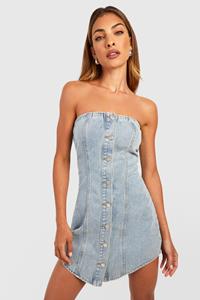 Boohoo Strapless Vintage Wash Spijkerjurk Met Ronde Zoom En Knopen, Vintage Wash