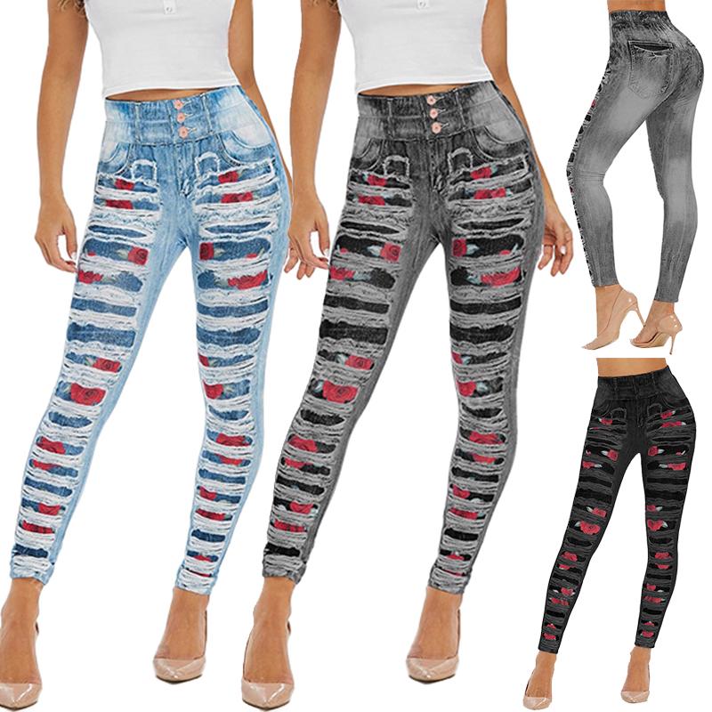 Enjoy Your Daily Life Gescheurde skinny jeans jeggings 3D roos bedrukte denim jeans broek hoge taille legging grote maten slanke broek compressie panty's