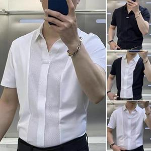 Home Gadgets Men Summer Shirt Turn-down Collar Short Sleeves Solid Color Slim Fit Patchwork Soft Breathable Formal Business Style Men Top