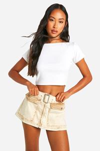 Boohoo Belted Zip Through Patch Pocket Denim Micro Mini Skirt, Beige
