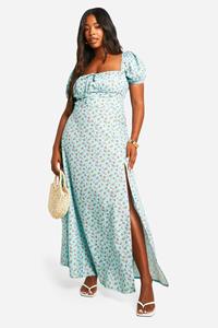 Boohoo Plus Woven Floral Printed Milkmaid Midaxi Dress, Blue