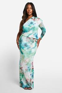 Boohoo Plus Large Floral Print Mesh One Sleeve Top & Maxi Skirt Co-Ord, Multi